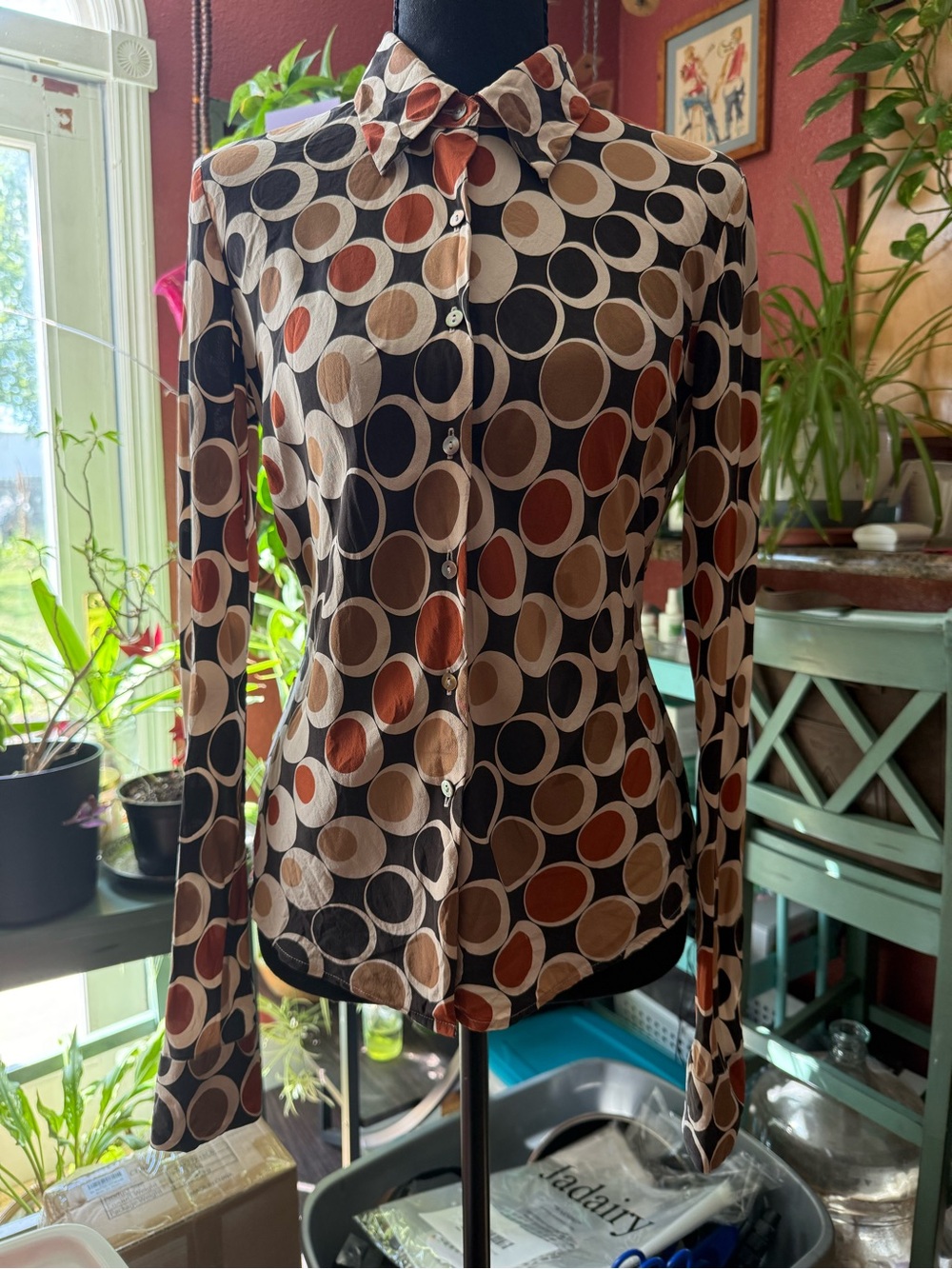 Silk-Long-Sleeve Button Front Circle Print Blouse - Black / Brown / Cream